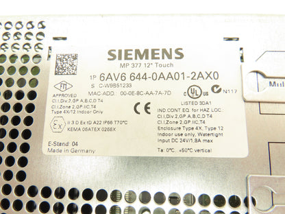 Siemens 6AV6 644-0AA01-2AX0 MP377 Simatic 12" HMI Touch Screen Control Panel