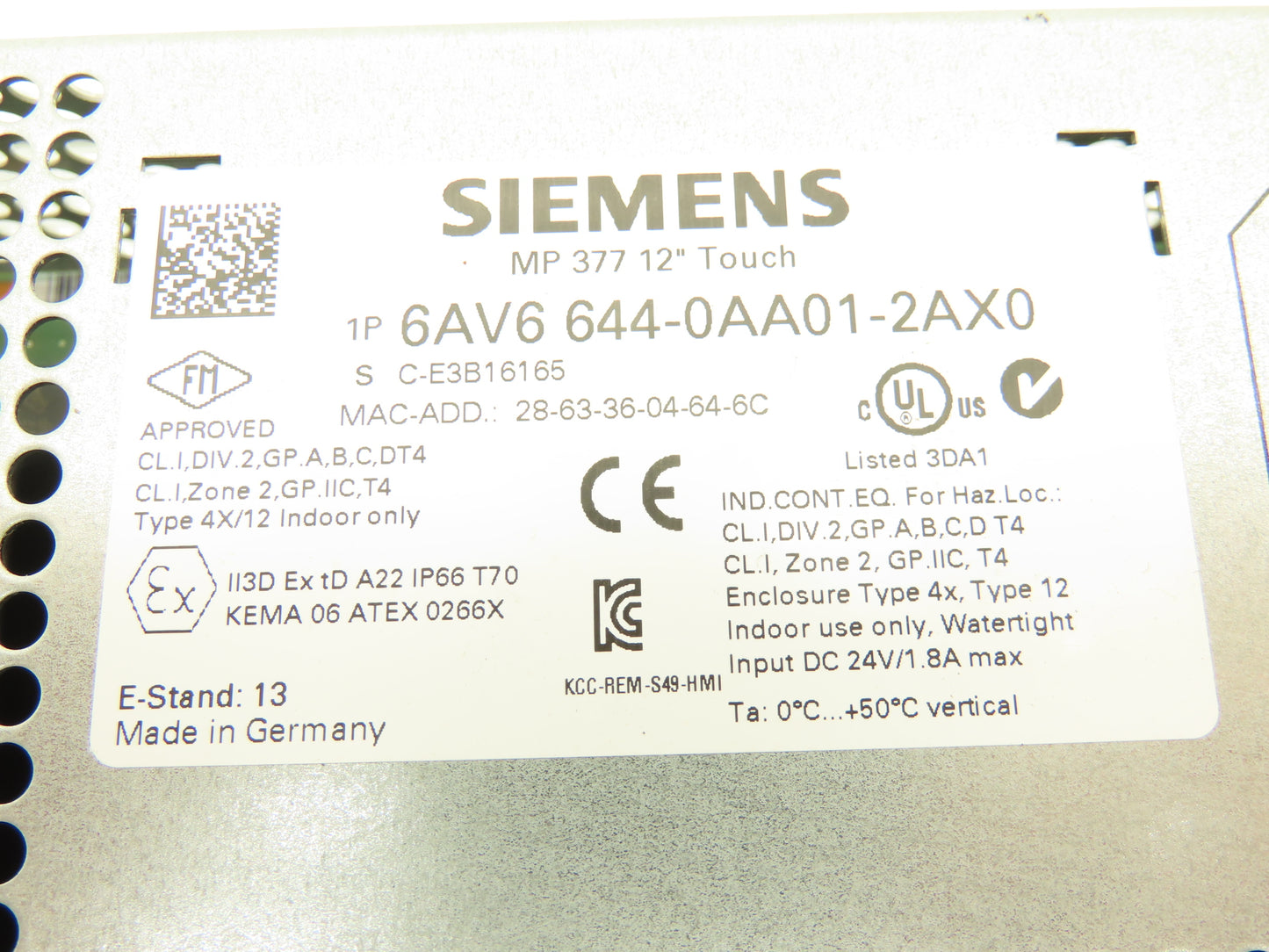 Siemens 6AV6 644-0AA01-2AX0 MP377 Simatic 12" HMI Touch Screen Control Panel