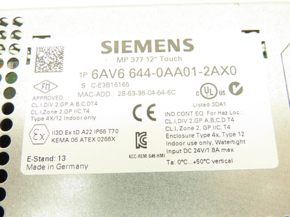 Siemens 6AV6 644-0AA01-2AX0 MP377 Simatic 12" HMI Touch Screen Control Panel