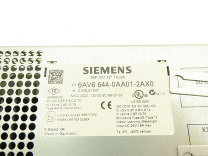 Siemens 6AV6 644-0AA01-2AX0 MP377 Simatic 12" HMI Touch Screen Control Panel