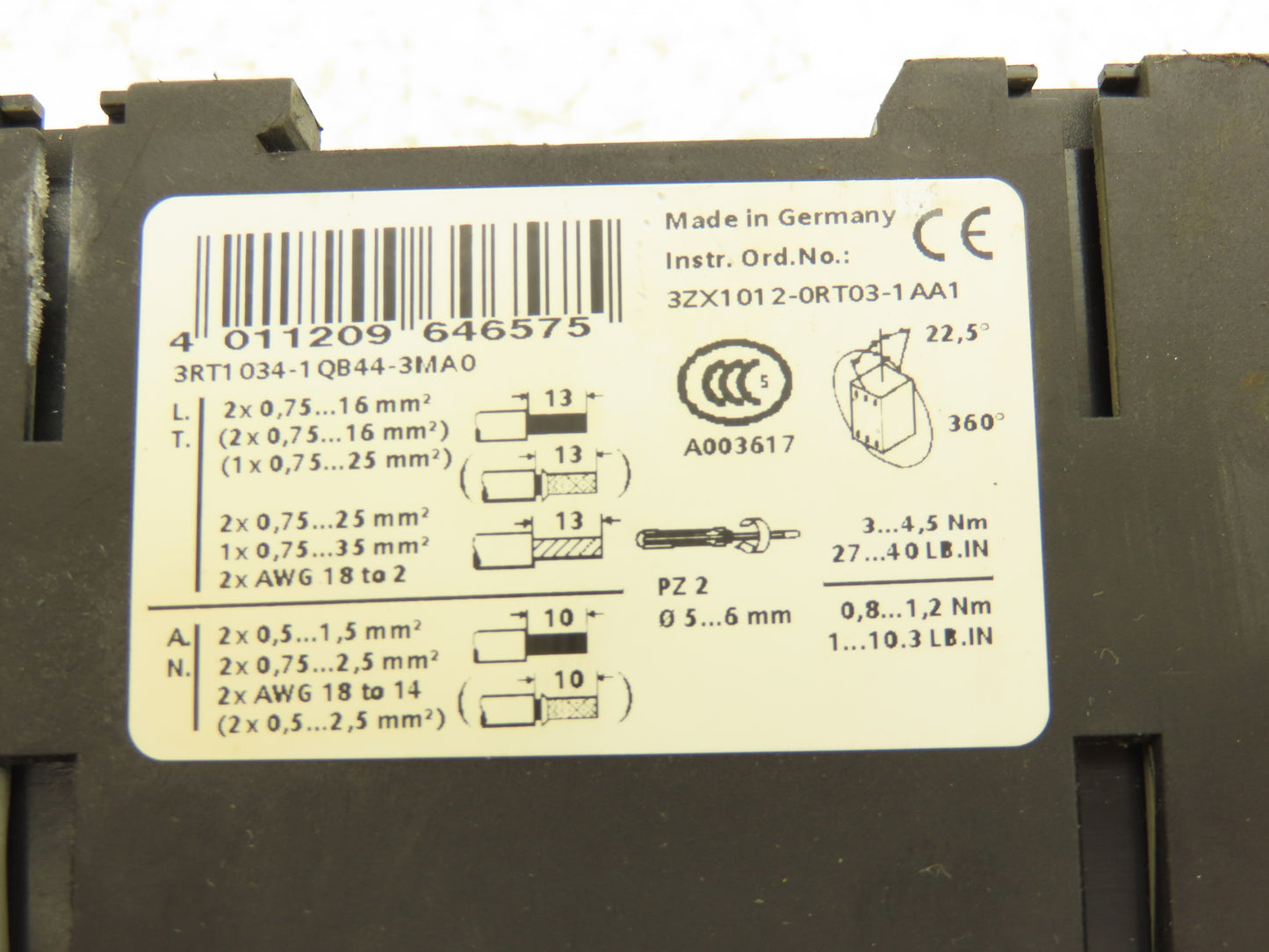 Siemens 3RT1034-1Q Contactor Motor Starter 50A 690VAC 24VDC Coil