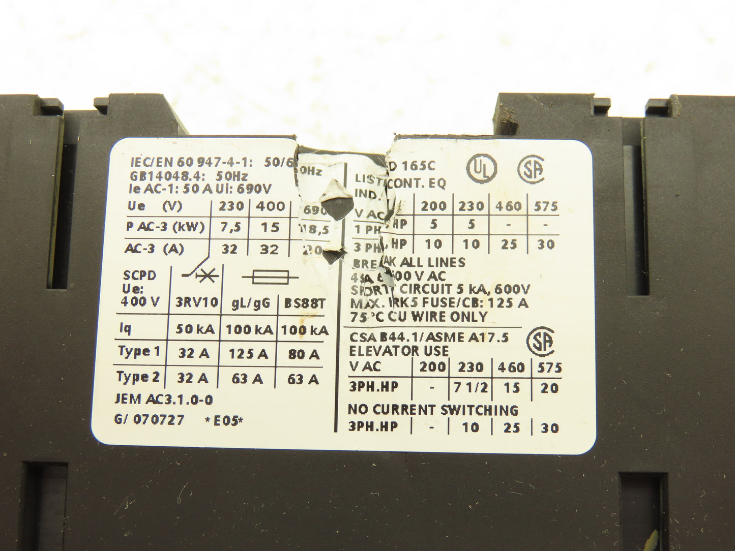 Siemens 3RT1034-1Q Contactor Motor Starter 50A 690VAC 24VDC Coil