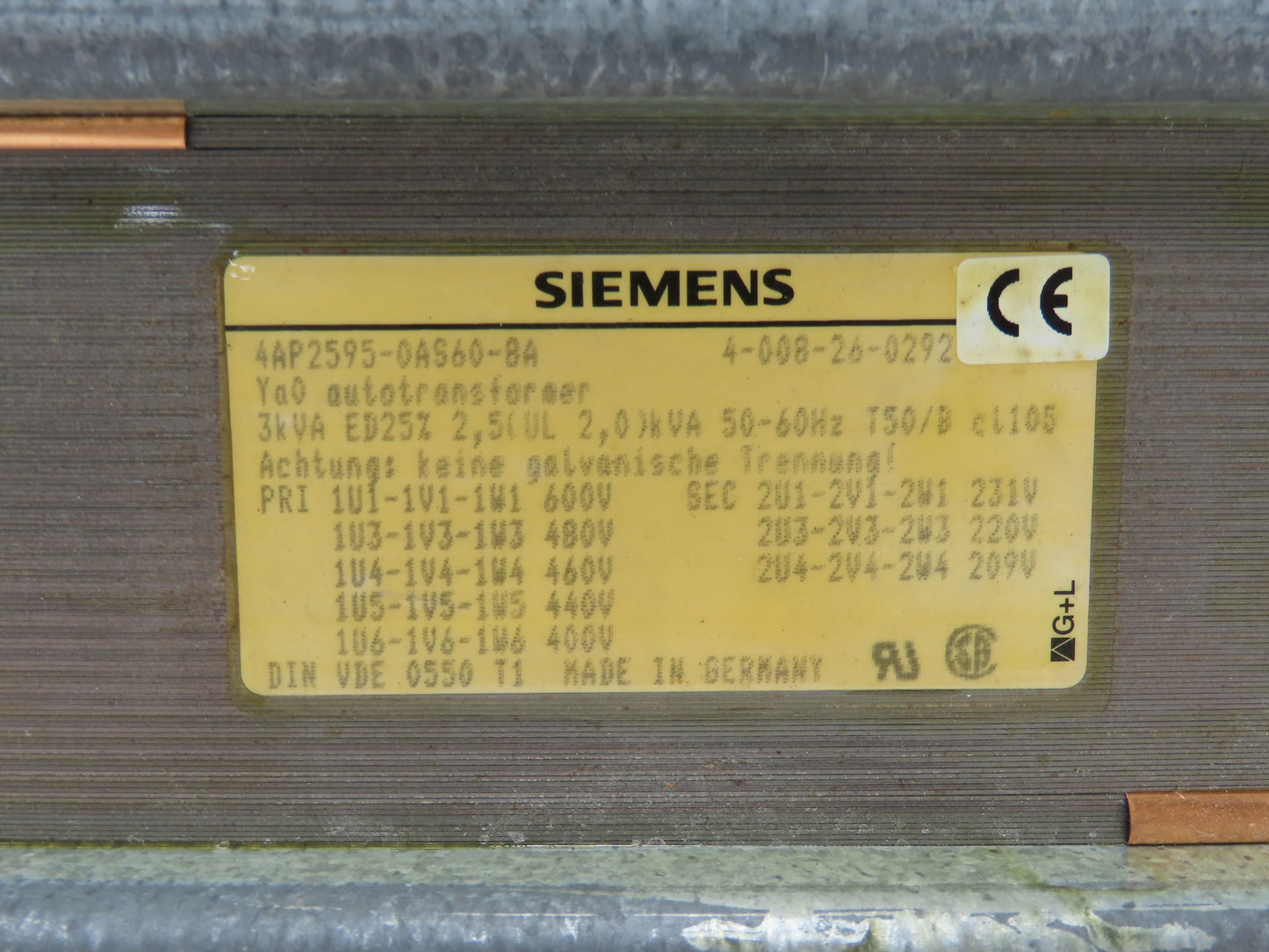 Siemens 4AP2595-0AS60-8A Auto Transformer 3kva 3Ph HV 480/600  LV 231/220/209