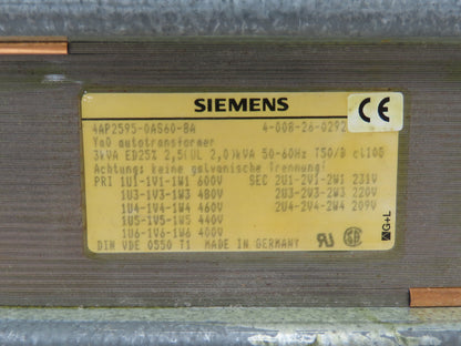 Siemens 4AP2595-0AS60-8A Auto Transformer 3kva 3Ph HV 480/600  LV 231/220/209