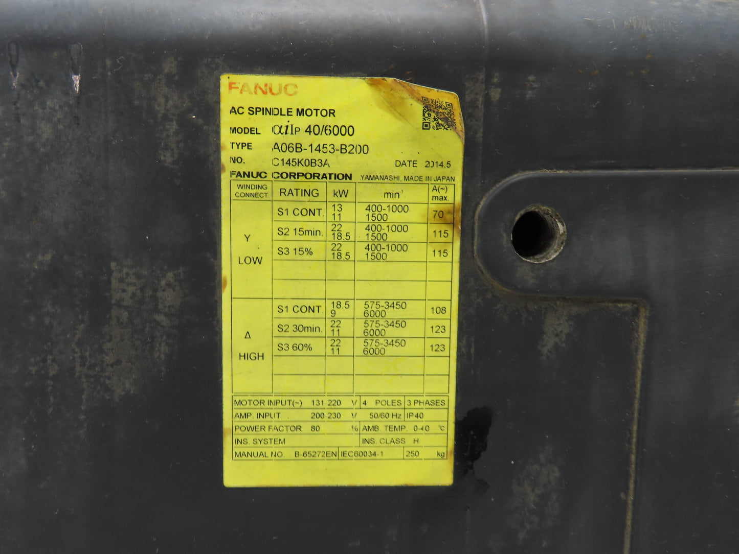 Fanuc A06B-1453-B200 AC Spindle Motor 29.5Hp 6000rpm 131-220v 3ph
