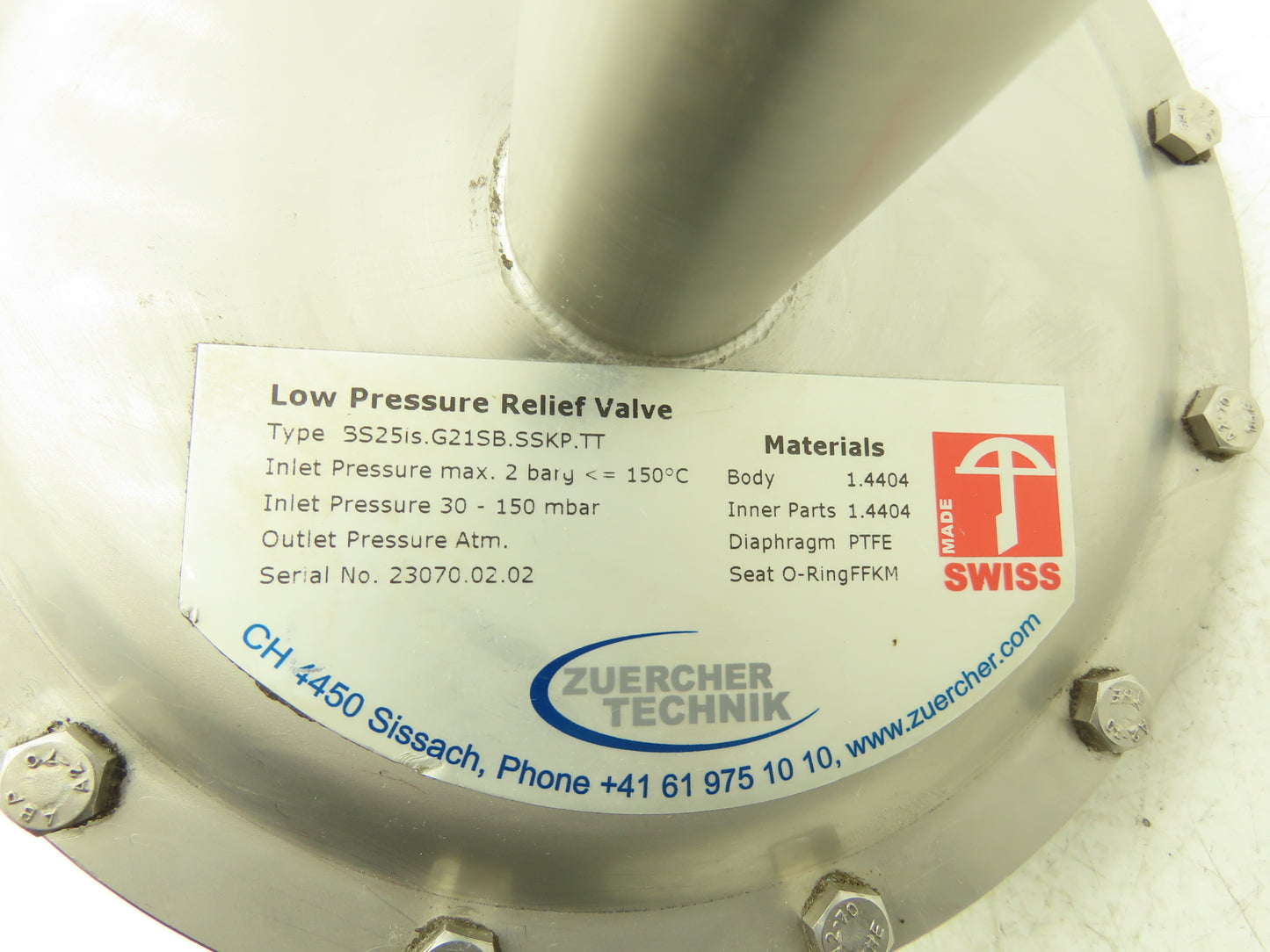 Zuercher Technik SS25IS.G21SB.SSKP.TT Low Pressure Relief Valve