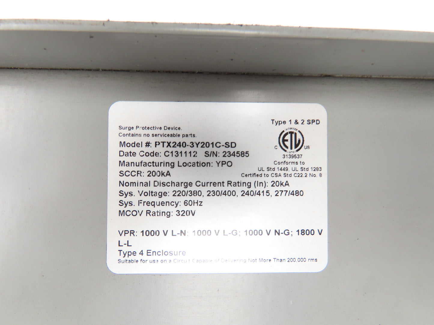 Eaton PTX 240-3Y201C-SD Innovative Technology Protector Surge Protective Device