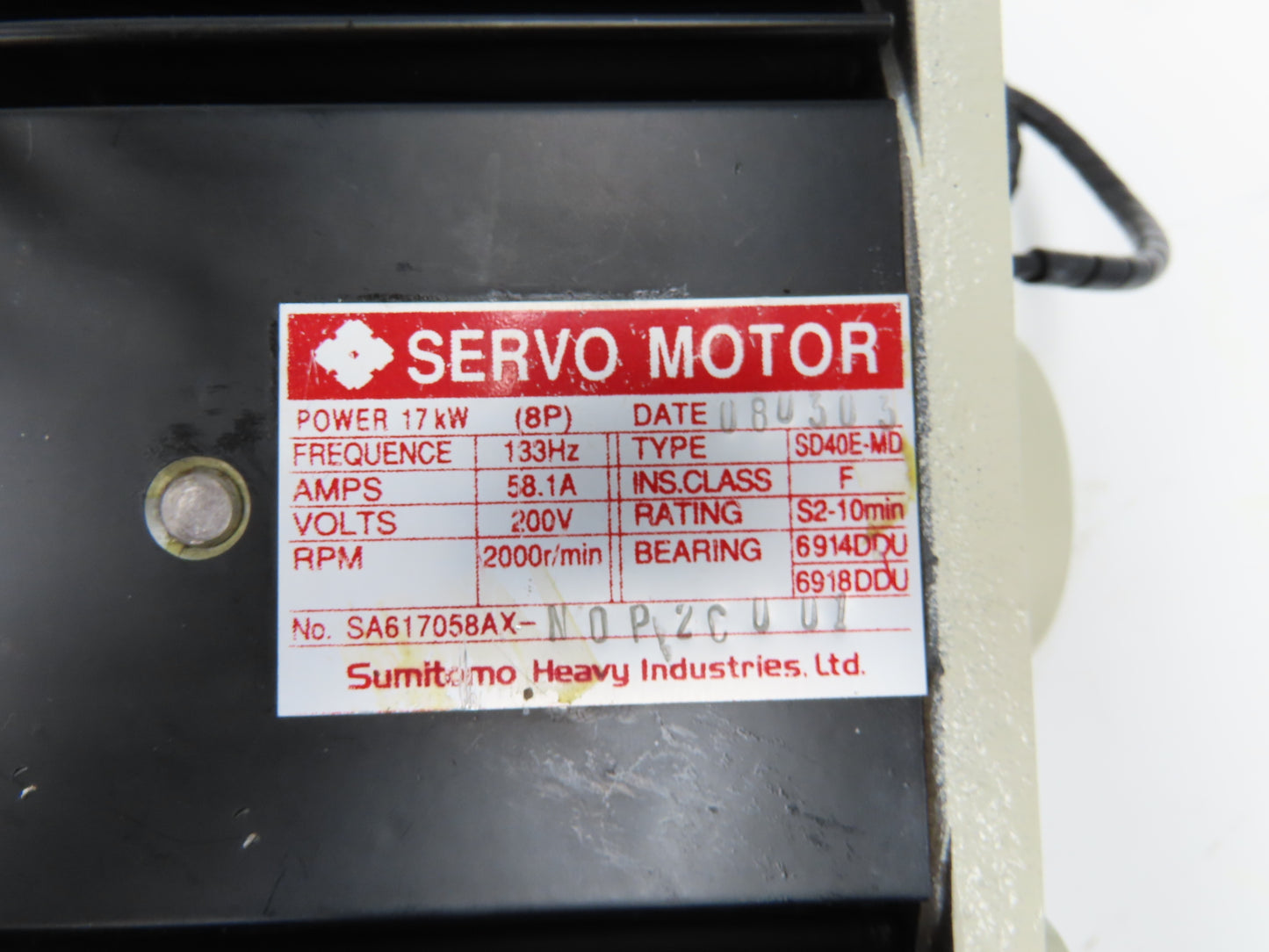 Sumitomo SD40E-MD  AC Servo Motor 17kw 200V 2000 RPM Spline Shaft