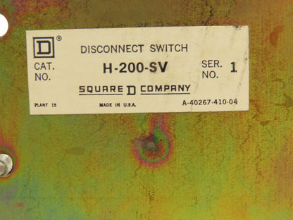Square D H-200-SV Fusible Disconnect Switch 200A 600V