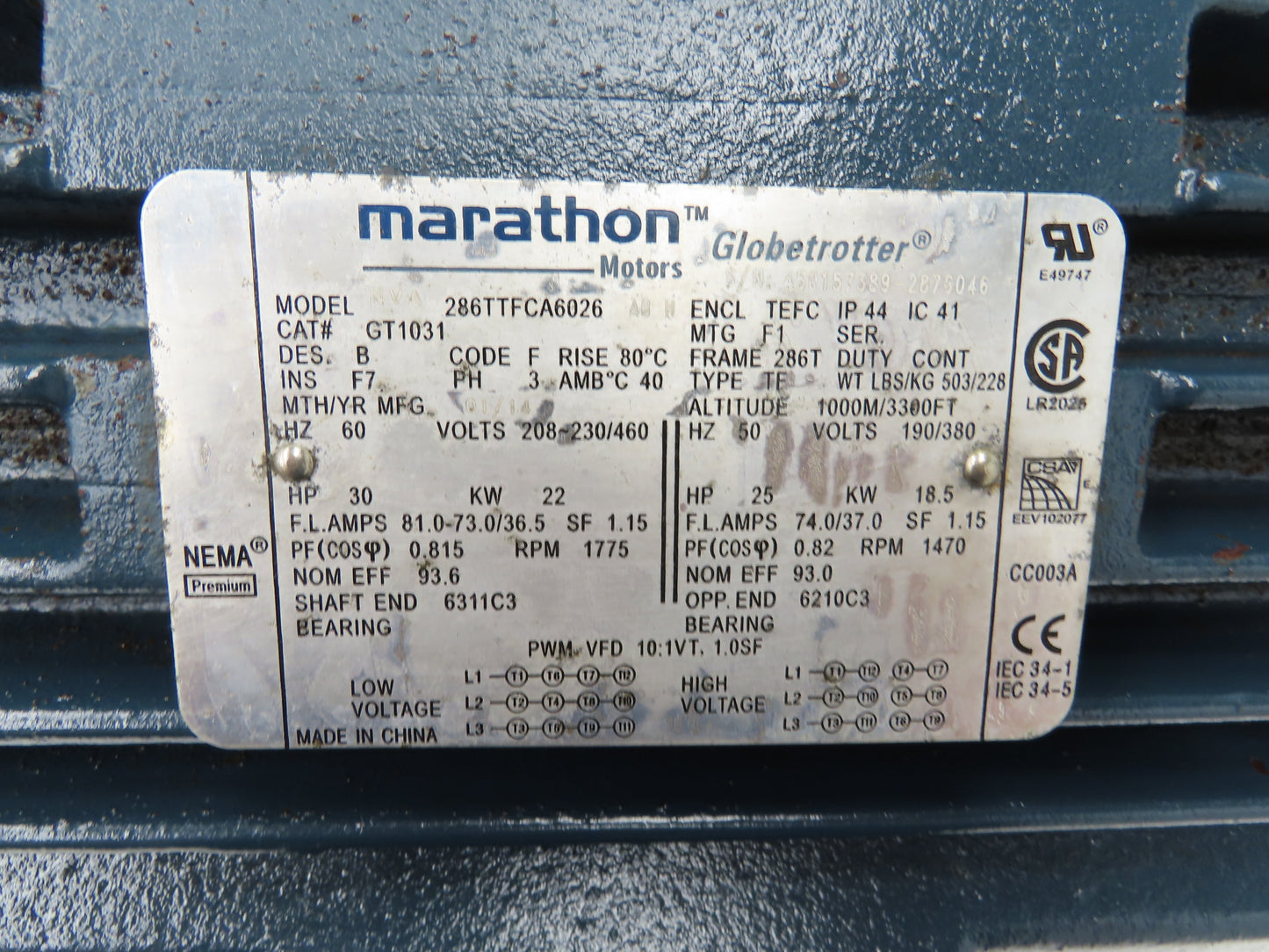 Marathon Globetrotter 286TTFCA6026 AC Motor 30Hp 22kw 1775 RPM 230/460V 3PH 286T