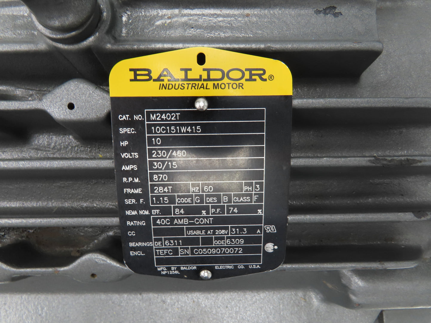 Baldor M2402T AC Motor 10Hp 870 RPM 230/460V 3PH 284T