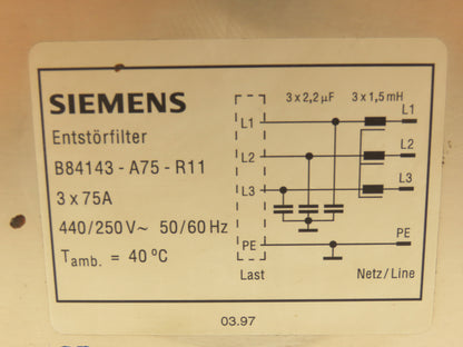 Siemens B84143-A75-R11 Disturbance Noise Filter 440/250V 50/60Hz
