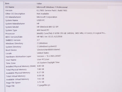 HP 800G2 SFF Elite Desk Intel Core i7-6700 3.4 GHz Quad W7 Pro 128GB SSD 8GB RAM