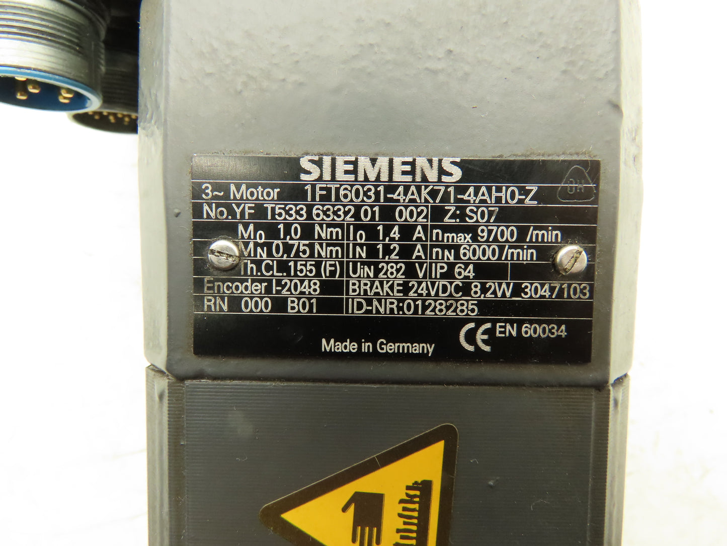 Siemens 1FT6031-4AK71-4AH0-Z Servo Motor w/Brake - Encoder I-2048
