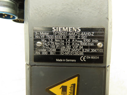 Siemens 1FT6031-4AK71-4AH0-Z Servo Motor w/Brake - Encoder I-2048