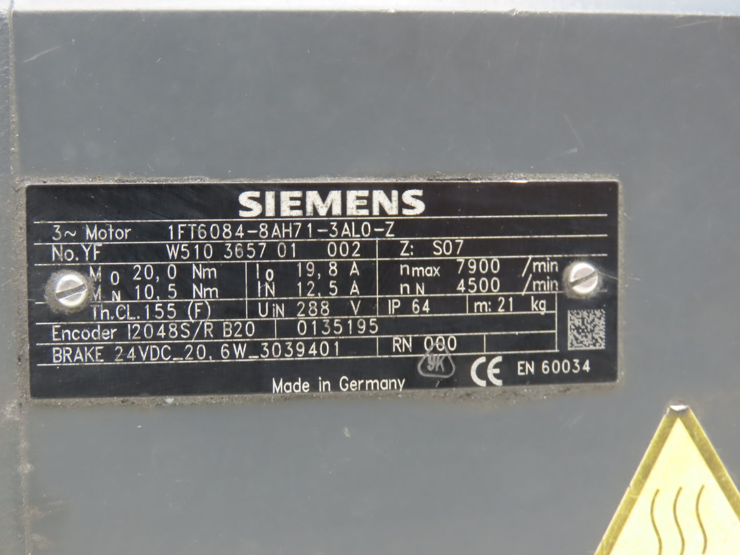 Siemens 1FT6084-8AH71-3AL0-Z Servo Motor w/Brake - Encoder I2048S/RB20 *Bad Seal