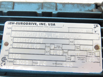 Sew Eurodrive DFT80N4BMG1HR/AS Brake Gearmotor 14.24:1/ 119rpm 1Hp 3PH SF47DT80N