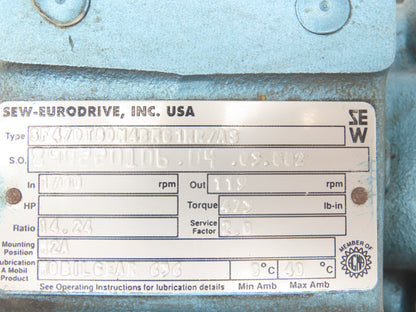 Sew Eurodrive DFT80N4BMG1HR/AS Brake Gearmotor 14.24:1/ 119rpm 1Hp 3PH SF47DT80N