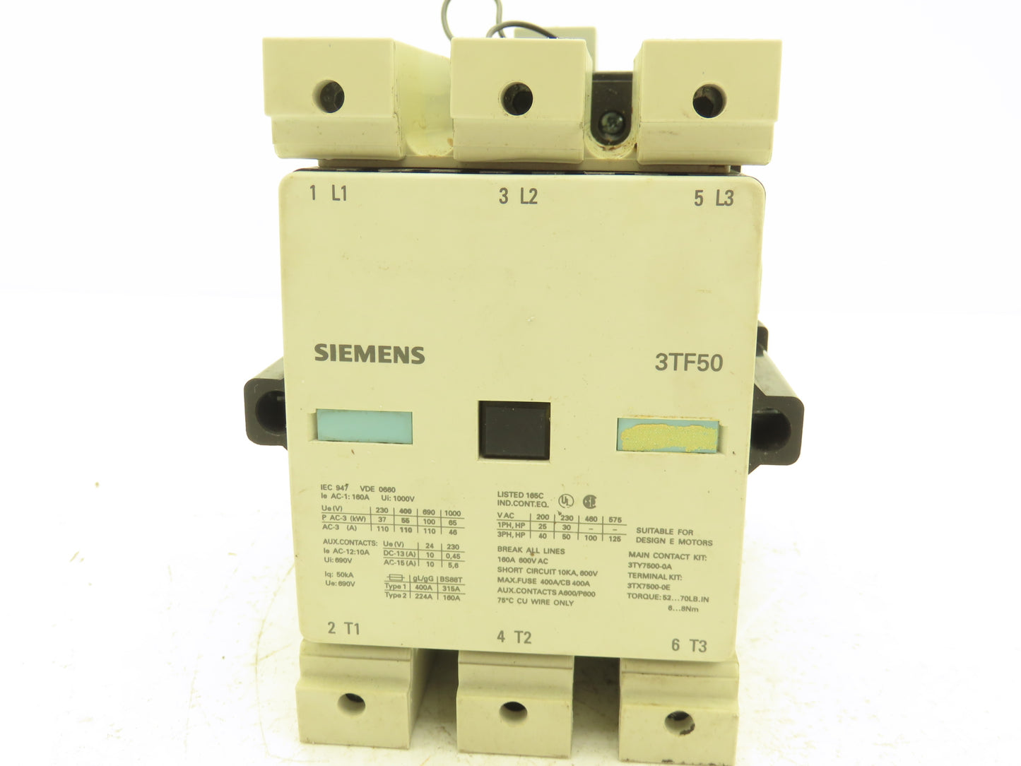 Siemens 3TF50 22-0AJ2 Motor Starter IEC Contactor 3Ph 1000V 125Hp 160A Coil 115V