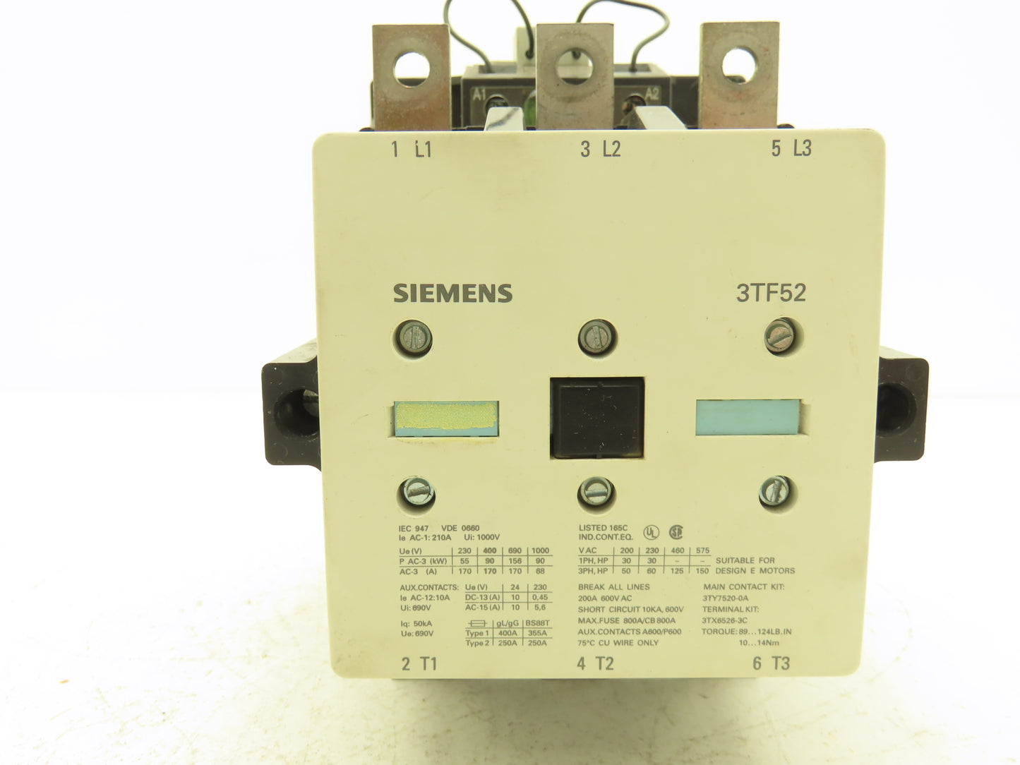 Siemens 3TF52 22-0AJ2 Motor Starter IEC Contactor 3Ph 1000V 200Hp 200A Coil 115V