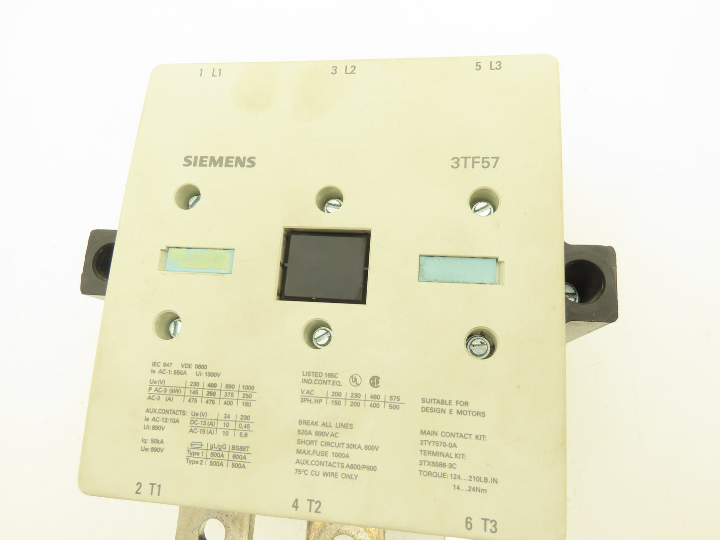 Siemens 3TF57 22-0CF7 Motor Starter IEC Contactor 3Ph 1000V 500Hp 520A Coil 115V