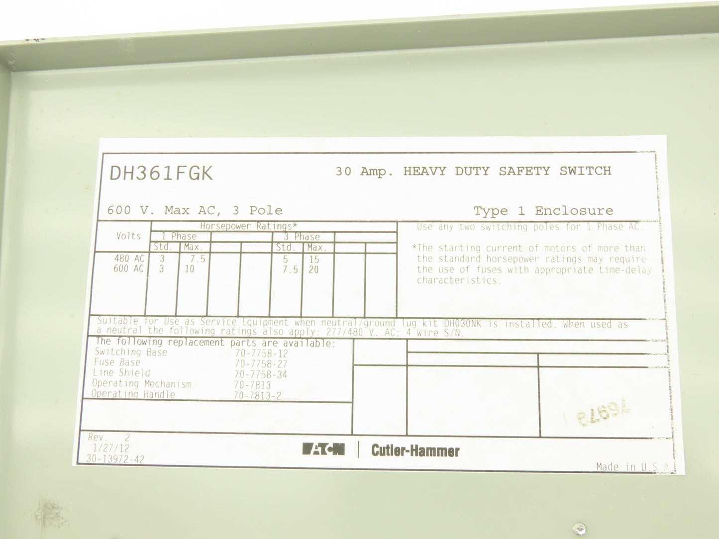 Eaton Cutler Hammer Safety Disconnect Switch 30A 600V 3 Pole Fusible