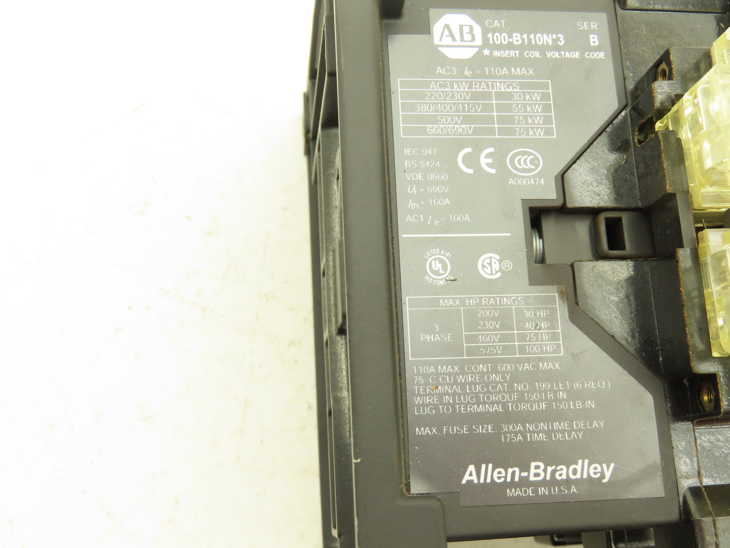 Allen Bradley 100-B110ND3 Motor Starter Contactor 100Hp 600VAC 3Ph w/Overload