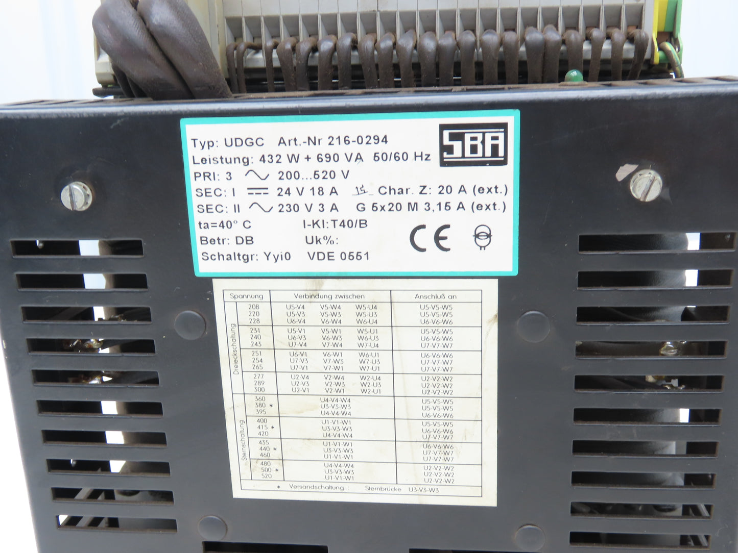 SBA UDGC Industrial Transformer 690VA PRI 220/520V Sec1 24VDC 18A Sec2 230VAC 3A