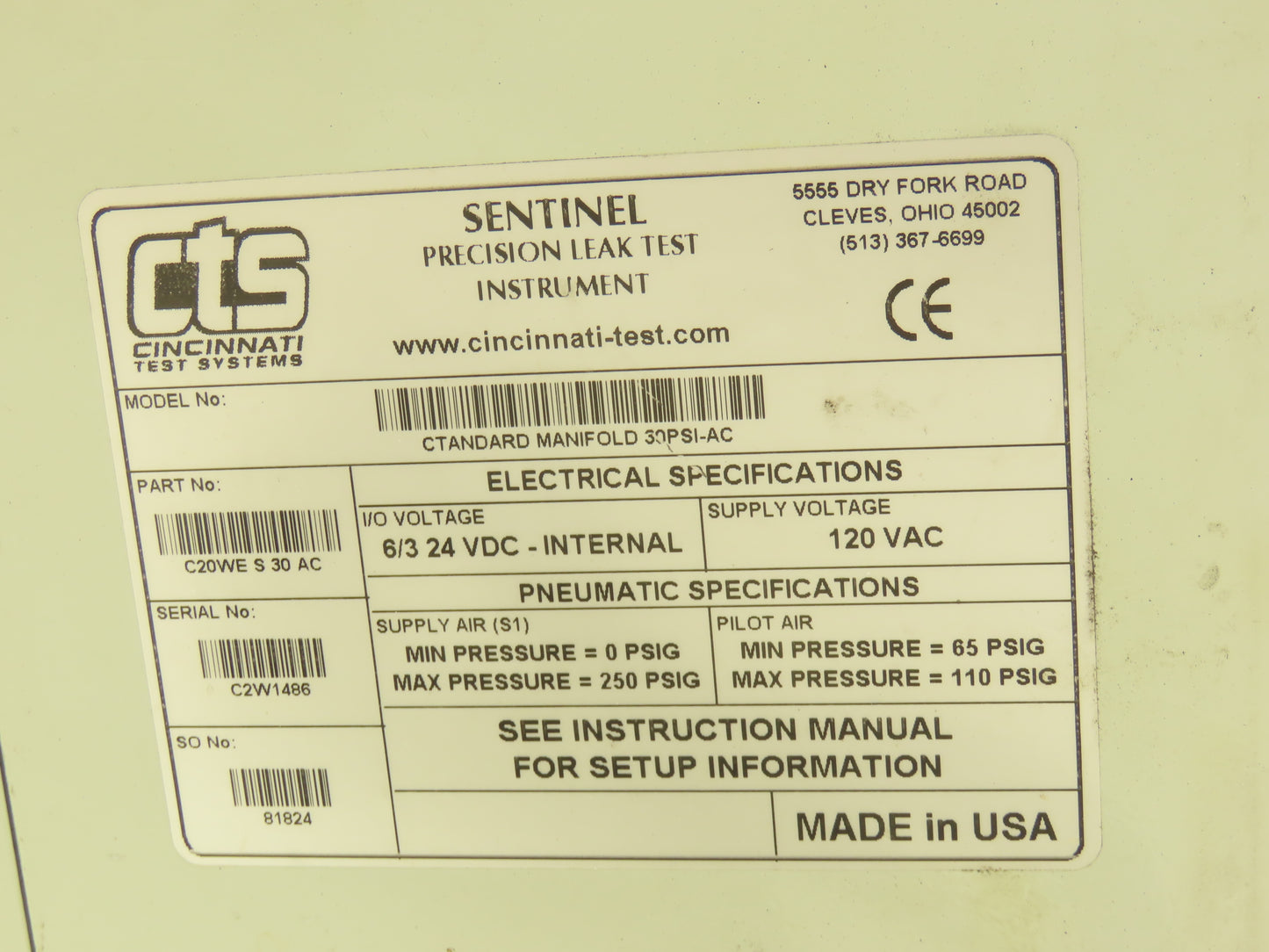 Cincinnati Test Systems C20WE Leak Test System 120VAC 24VDC Internal 0-250PSIG