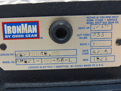 Leeson Ironman BM821-100-56-L Worm Gearbox 100:1 Reducer 0.21Hp 17.5 RPM 56C LH