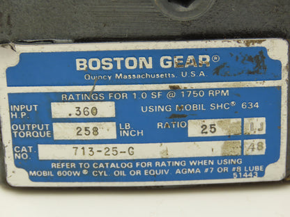 Boston Gear 713-25-G Worm Gearbox 25:1 Reducer .36Hp 70 RPM LH 1/2"x 5/8" Shafts