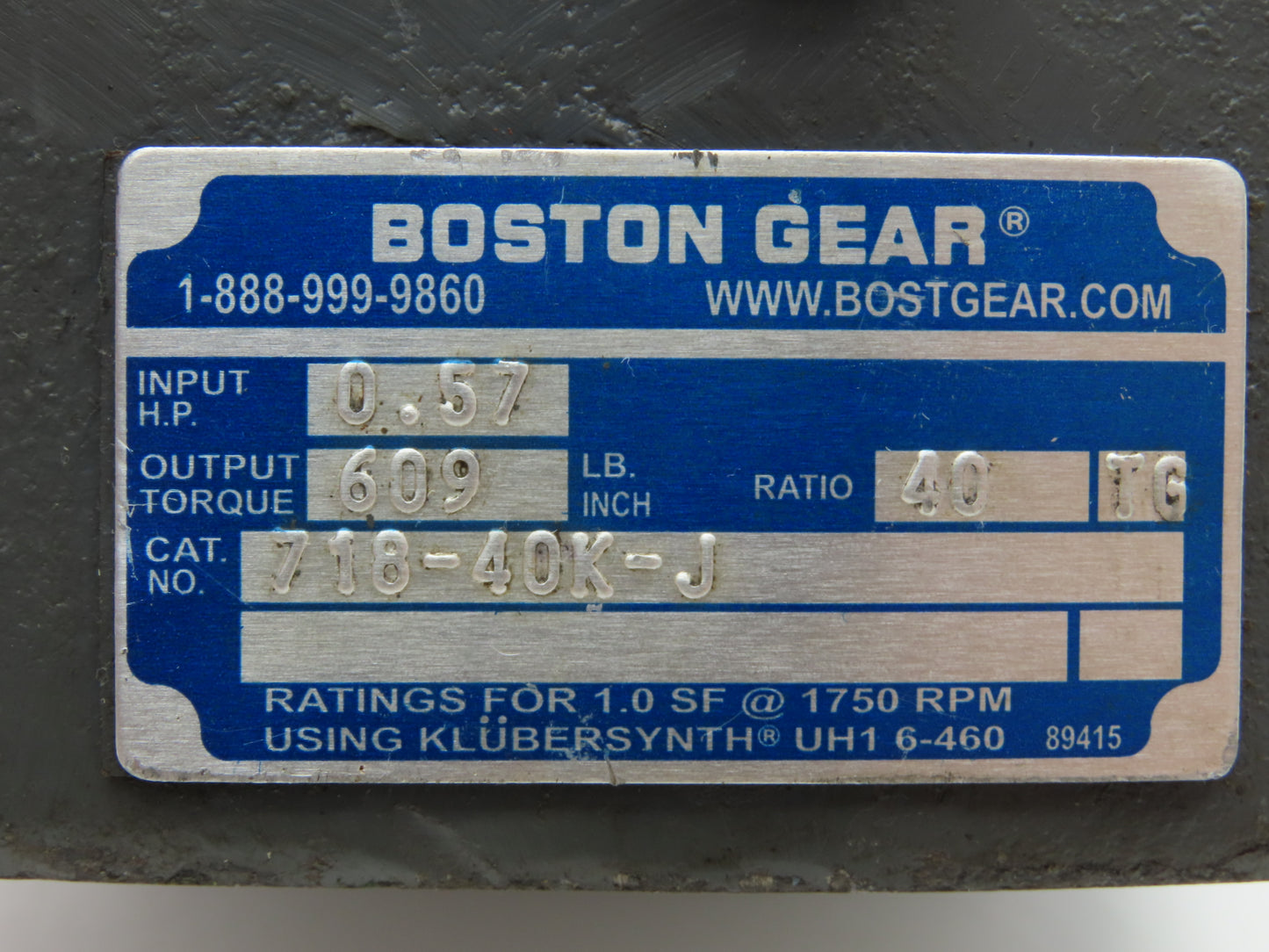 Boston Gear 718-40K-J Worm Gearbox 40:1 Reducer 0.5Hp 44 RPM 56C RH