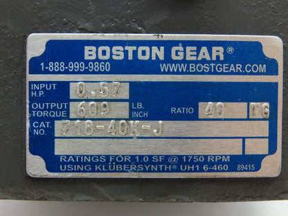 Boston Gear 718-40K-J Worm Gearbox 40:1 Reducer 0.5Hp 44 RPM 56C RH