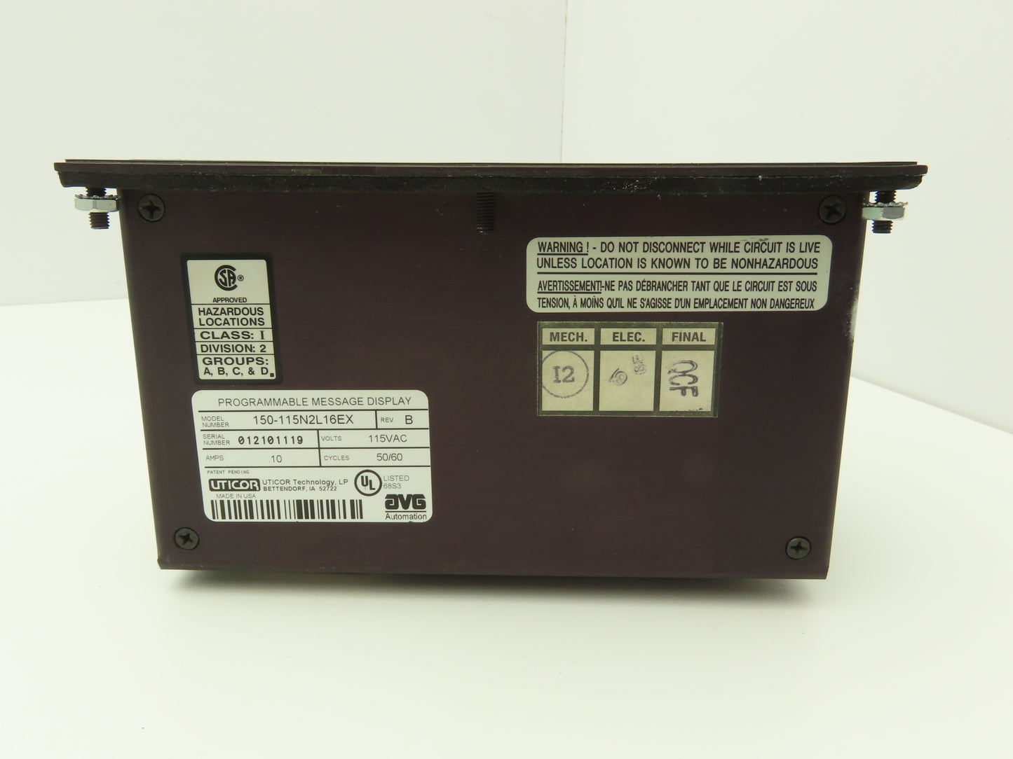 Uticor 150-115N2L16EX HMI Programmable Message Display Panel 115VAC Rev B