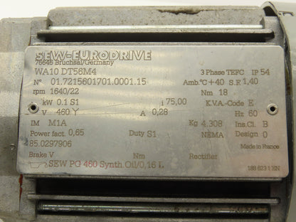 Sew Eurodrive WA10 DT56M4 Gearmotor 75:1 Reducer 1640/22rpm 0.1kw 460V 3PH 18Nm