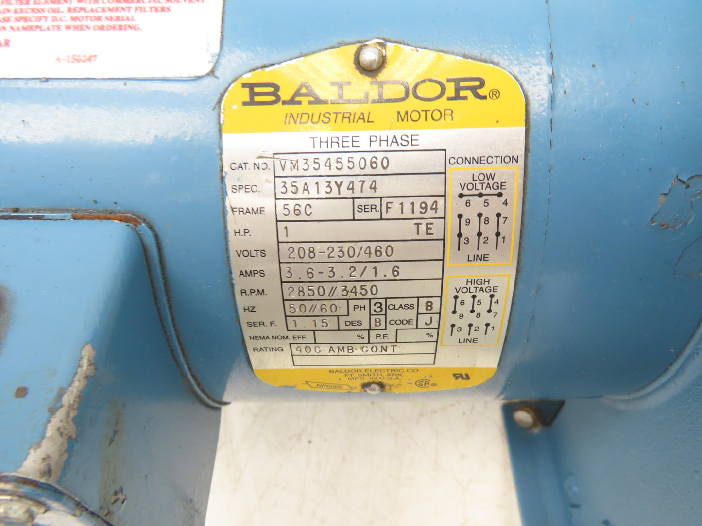 Baldor VM35455060 Centrifugal Blower Fan 1Hp 3450 RPM 230/460V 3PH Motor 6"Inlet