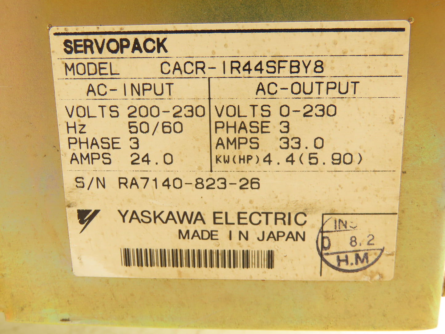 Yaskawa CACR-IR44SFBY8 Servo Drive Controller Servopack 5.9Hp 230VAC 3Ph