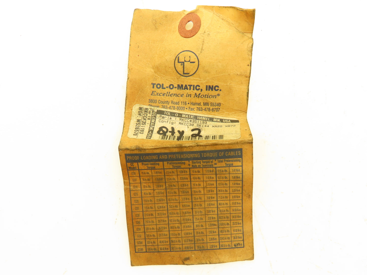 Tol-O-Matic RKCC30 SK144 XA25 XB72 Cable Assembly Rebuild Kit for Cable Cylinder