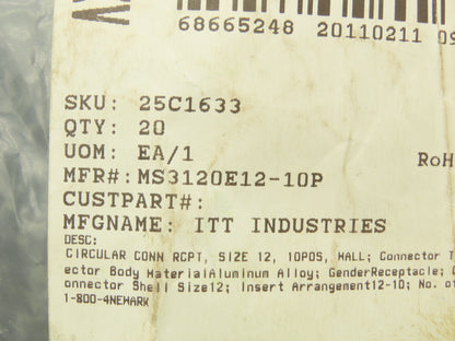 ITT Cannon MS3120E12-10P 10-Pin Amphenol Male Connector Kit  Lot of 5
