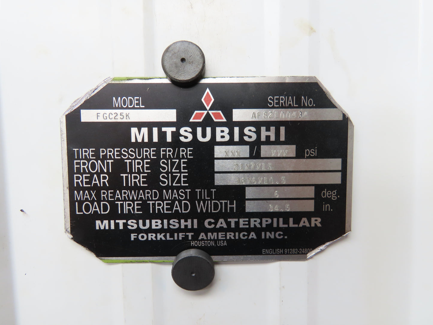 Mitsubishi FGC25K Forklift Mast 185" 3-Stage Tilt Class 2 Gas 5000lbs Capacity