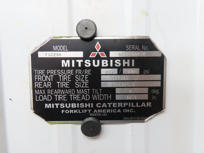 Mitsubishi FGC25K Forklift Mast 185" 3-Stage Tilt Class 2 Gas 5000lbs Capacity