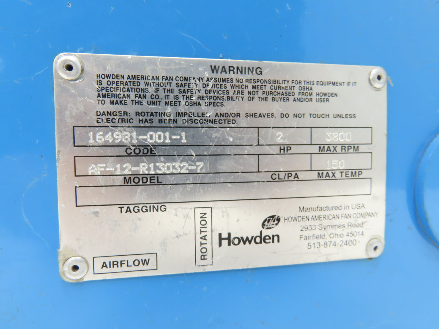 Howden AF-12-R13032-7 Cast Aluminum Pressure Blower 13" Fan 230/460V 2HP 3Ph