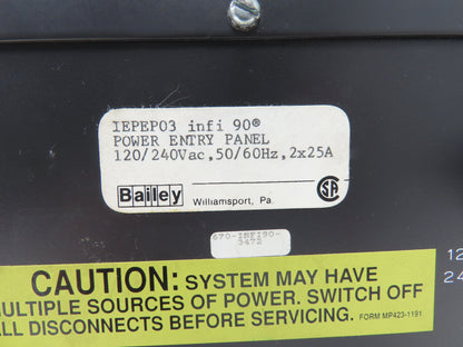 Bailey INFI 90 Power Entry Panel 120/240VAC 50/60Hz 2x25A