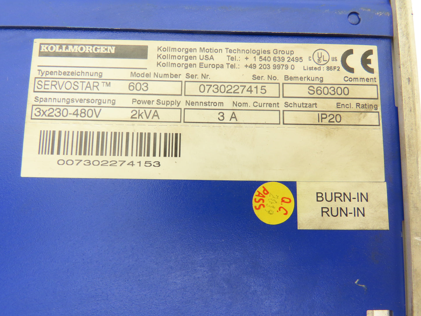Kollmorgen S60300 Servostar 600 Model 603 Servo Controller 230-480V 2kva 3A