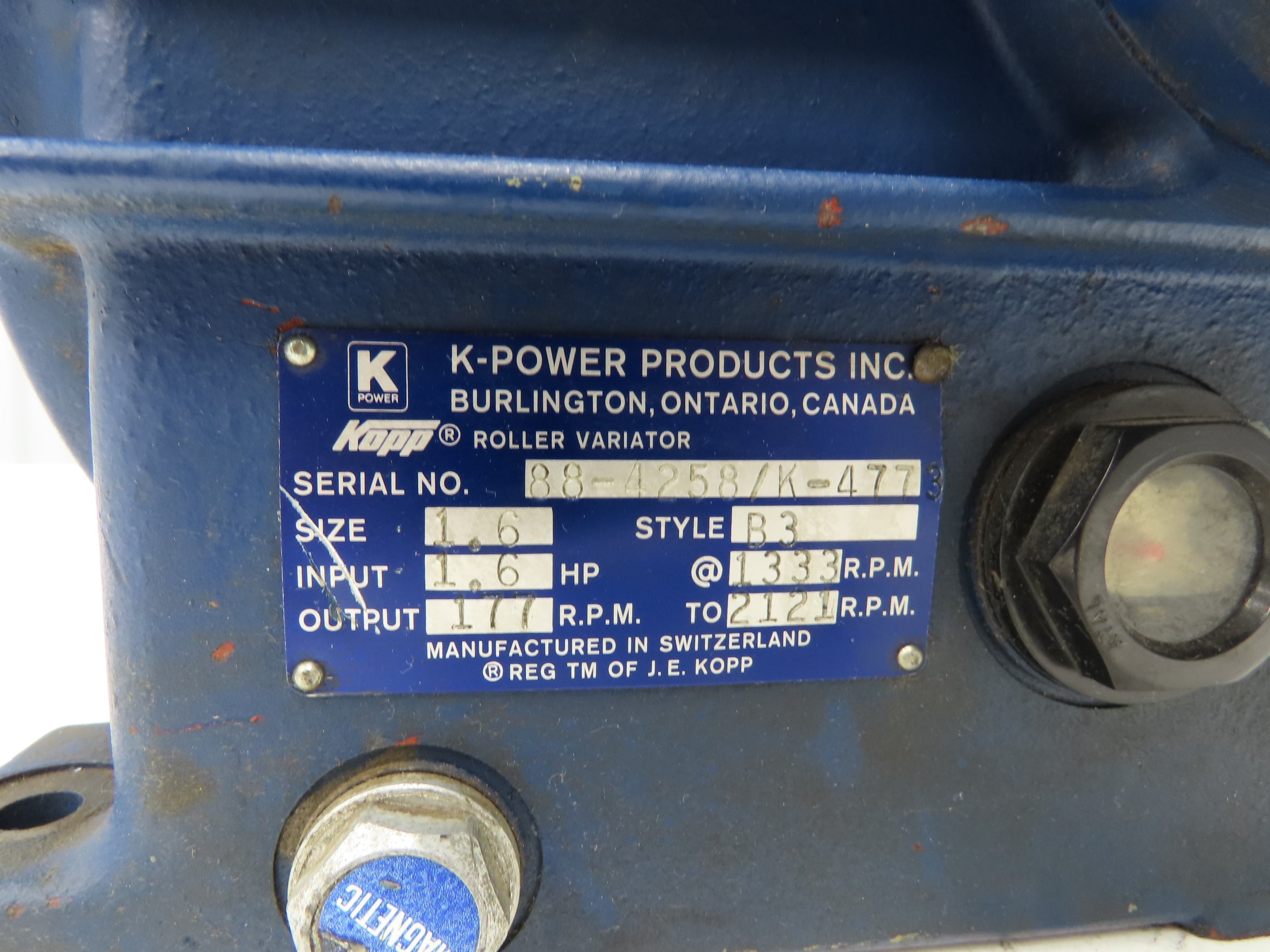 K-Power Kopp Style B3 Roller Variator 1.6Hp 177-2121 RPM Foot Mount ...