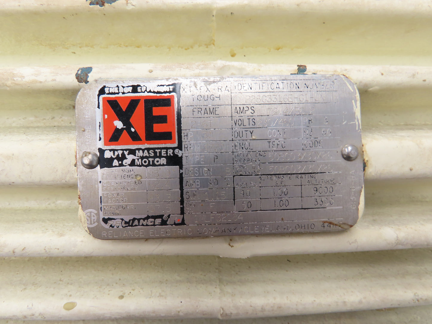 Reliance XE XT P28G3316E Duty Master AC Motor 30Hp 1770 RPM 230/460V 3PH 286T