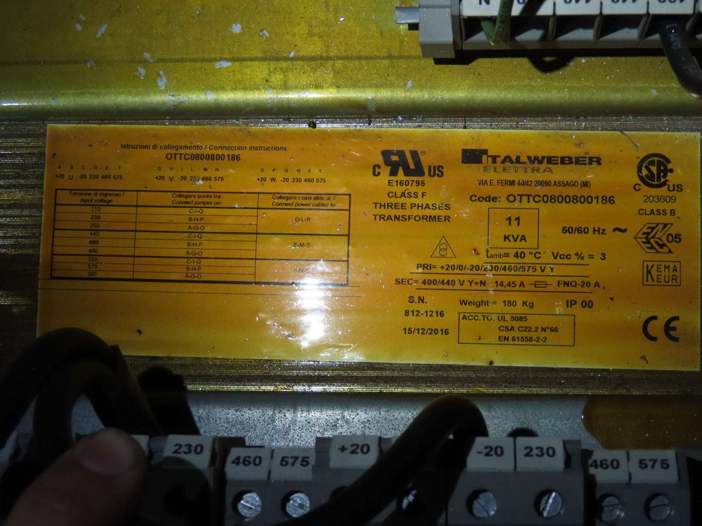 Talweber Electric Power Transformer 11kva Pri 230/460/575VAC 3Ph Sec 440VAC