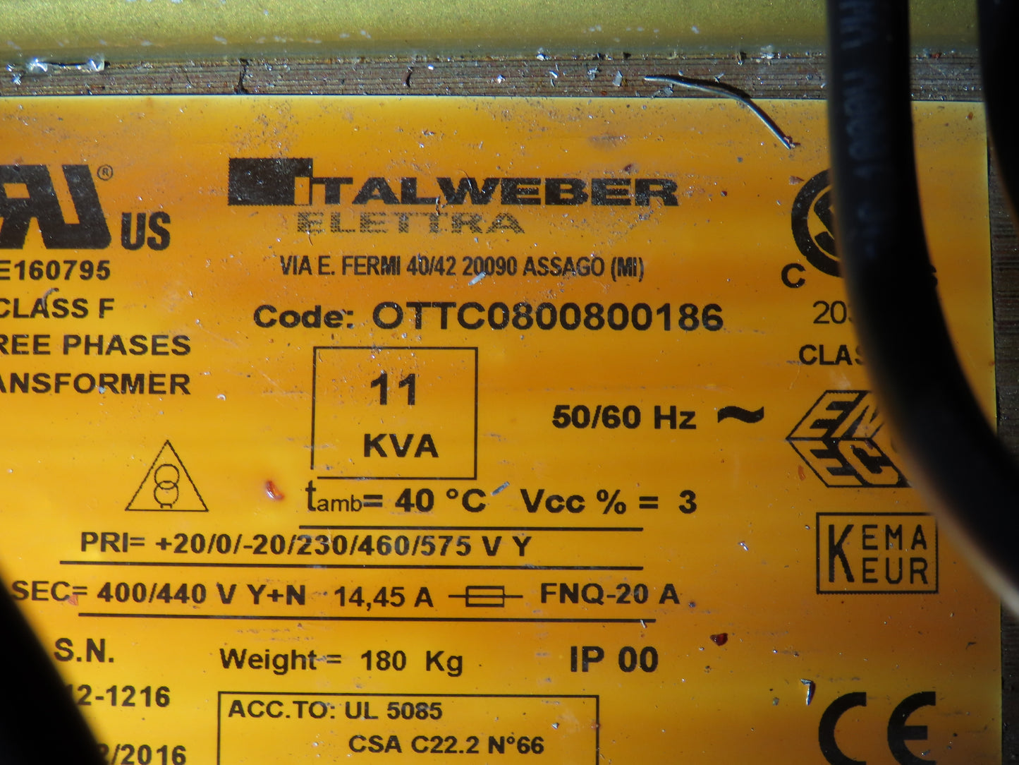 Talweber Electric Power Transformer 11kva Pri 230/460/575VAC 3Ph Sec 440VAC