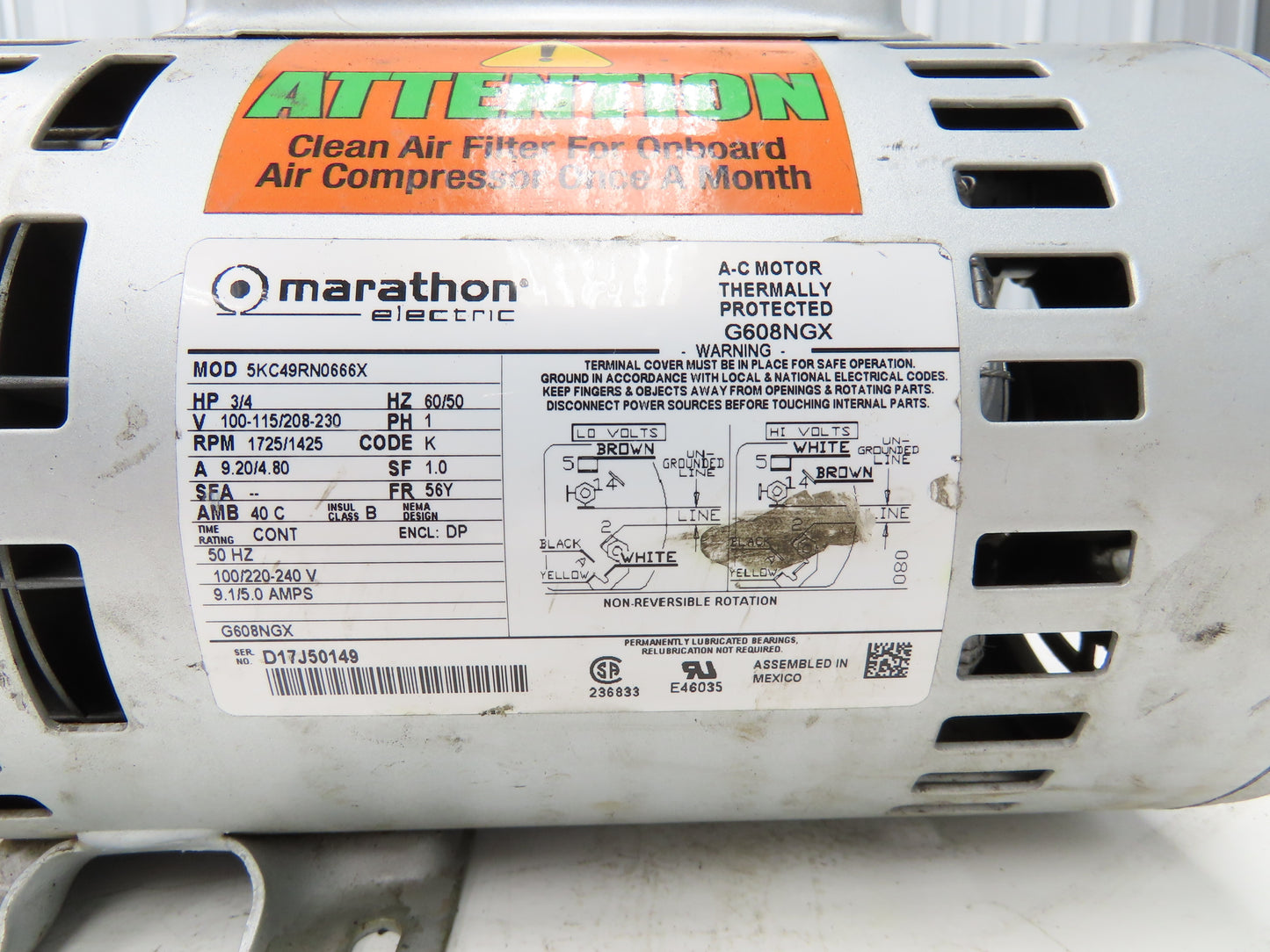 Marathon Single Phase 3/4Hp Motor 115/230V 1PH For Rotary Vane Vacuum Pump