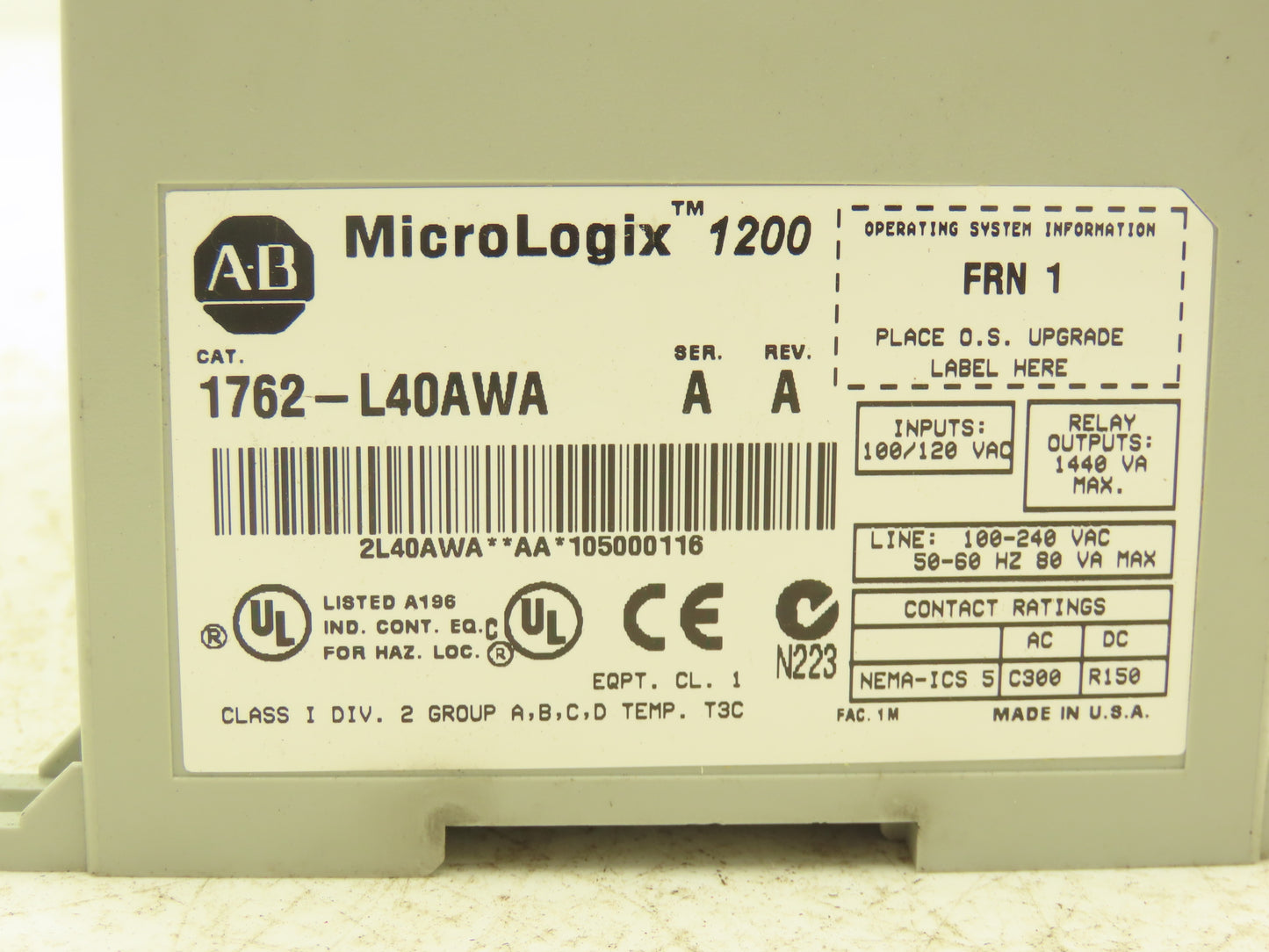 Allen Bradley 1762-L40AWA MicroLogix 1200 PLC Input Output I/O Module Series A